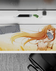Cozy amber-and-gold anime desk pad 36x16 inches with sunny wheatfield tones and soft blush highlights.