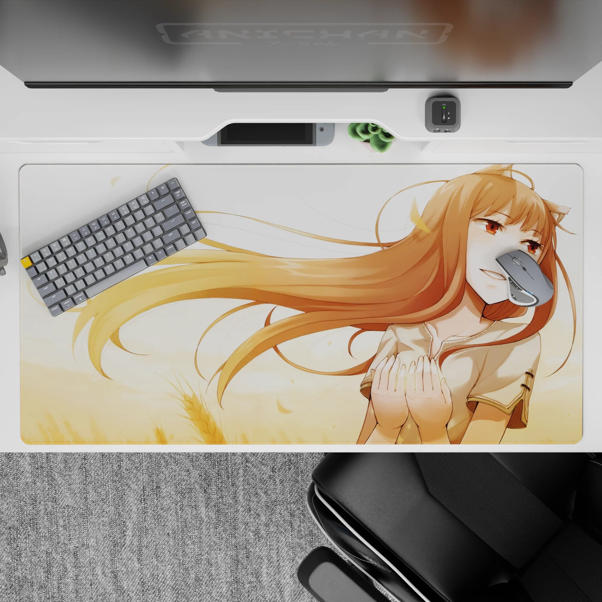 Cozy amber-and-gold anime desk pad 40x20 inches with sunny wheatfield tones and soft blush.