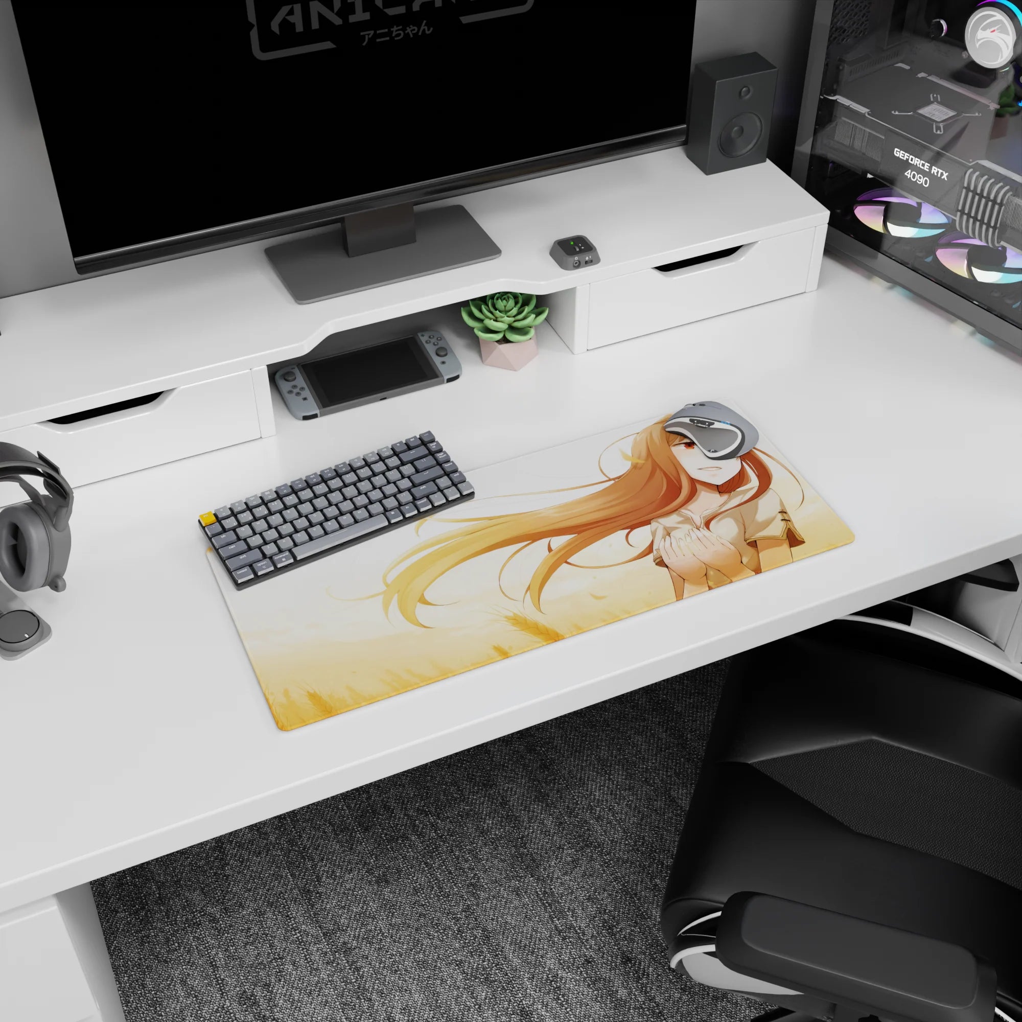 28x12 inches Holo the Wise Wolf mouse pad, blushing smile with foxlike ears and flowing wheat-colored hair.