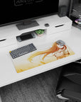 28x12 inches Holo the Wise Wolf mouse pad, blushing smile with foxlike ears and flowing wheat-colored hair.