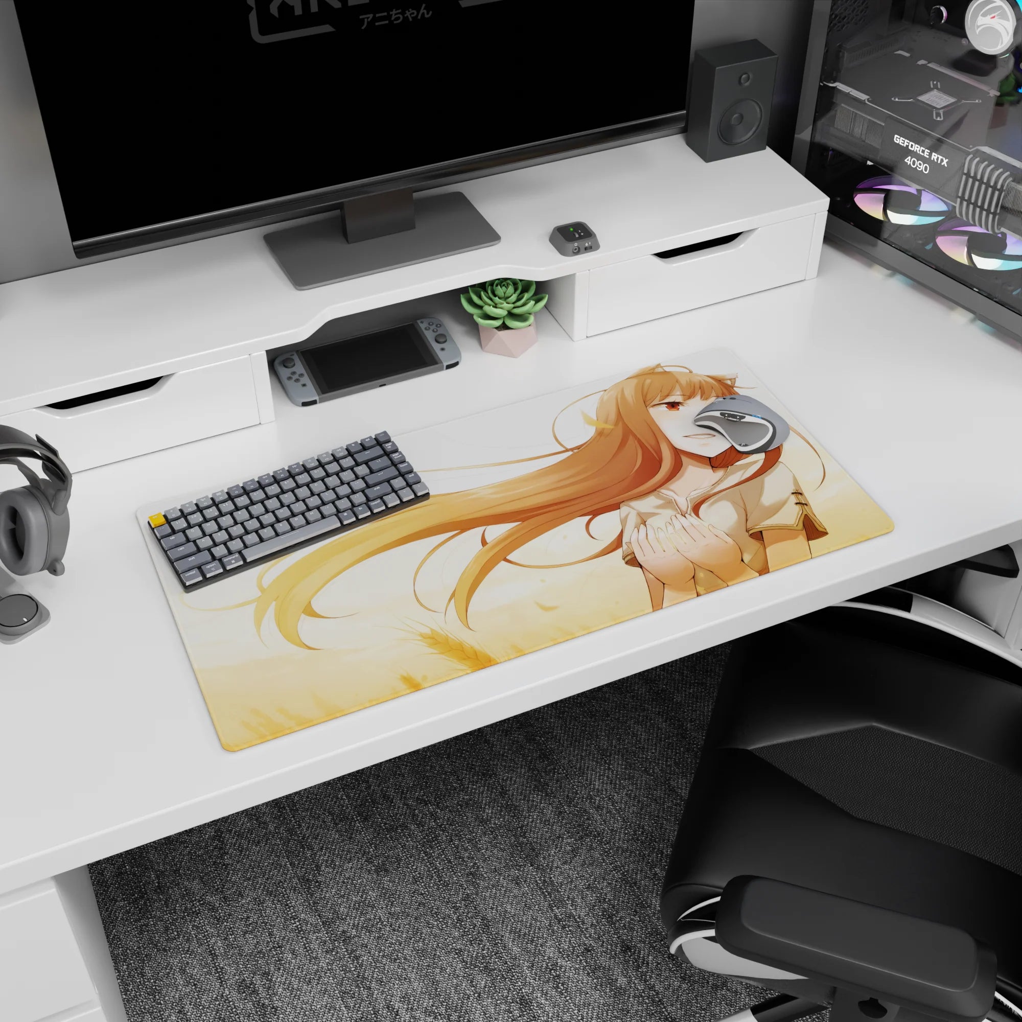 Holo the Wise Wolf from Spice and Wolf on a 32x16 inches mouse pad, shy smile and foxlike ears.
