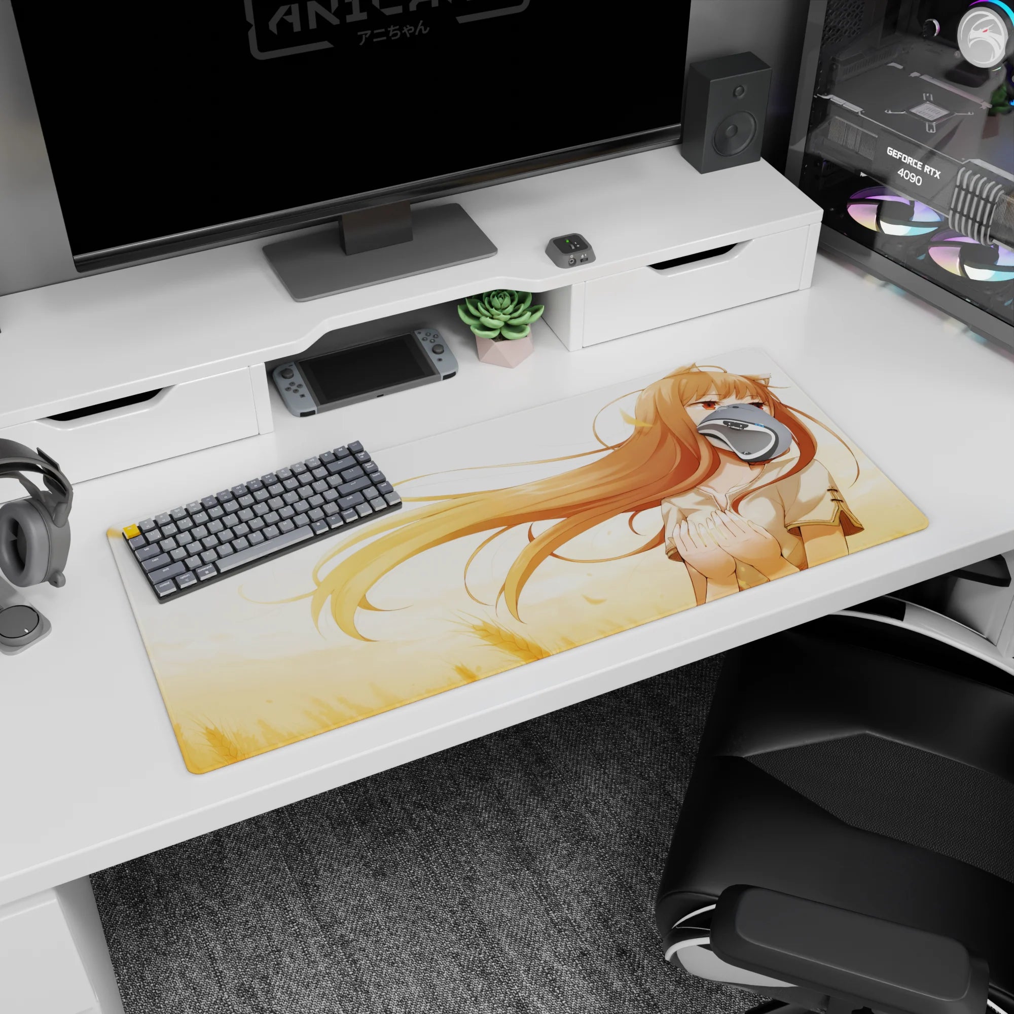 Spice and Wolf Holo desk pad 36x16 inches, wise wolf girl with flowing hair, ears, and a gentle smile.