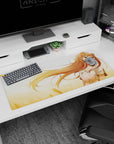 Spice and Wolf Holo desk pad 36x16 inches, wise wolf girl with flowing hair, ears, and a gentle smile.
