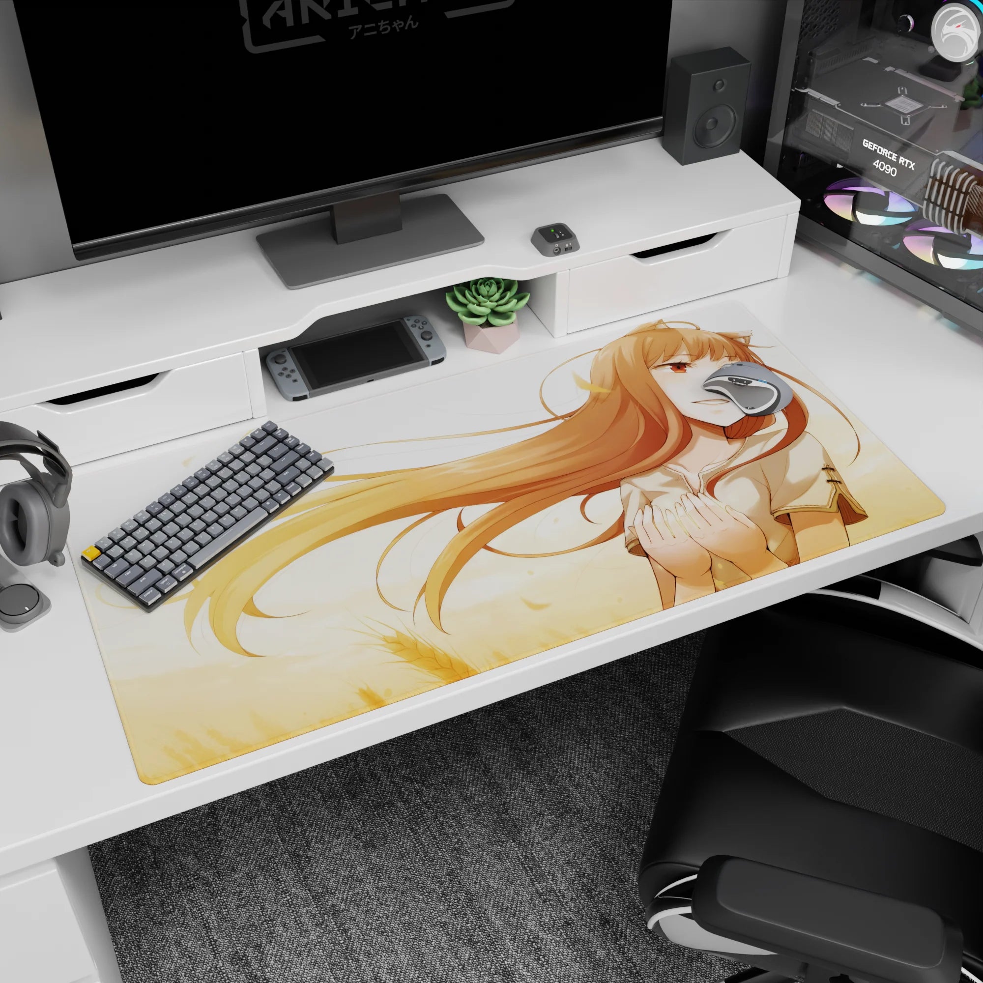 Holo the Wise Wolf anime desk pad 40x20 inches with foxlike ears, tiny smile, and warm hair flow.