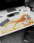 Holo the Wise Wolf anime desk pad 40x20 inches with foxlike ears, tiny smile, and warm hair flow.