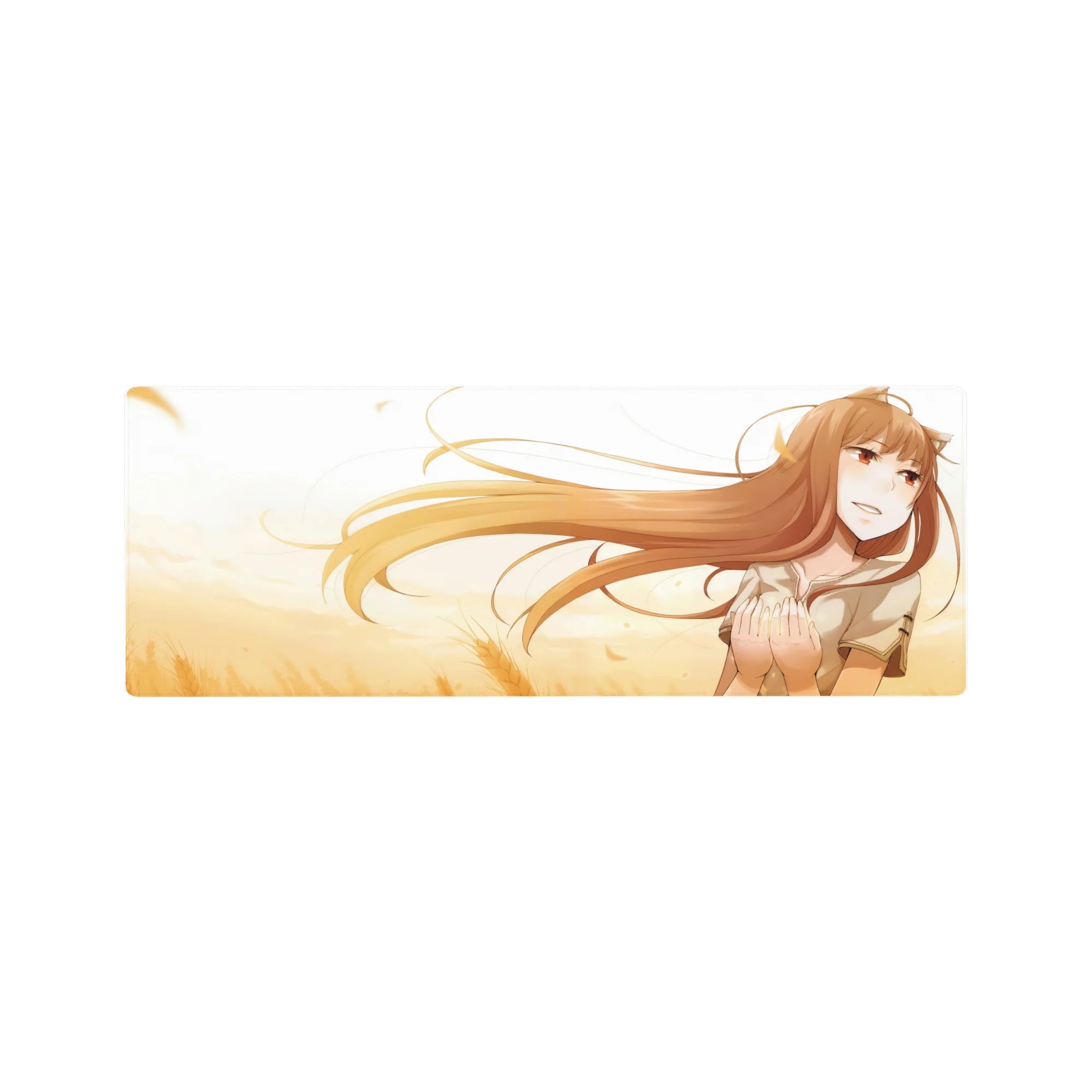 Anime girl desk mouse pad 32x12 inches with shy wolf-eared art inspired by Spice and Wolf.