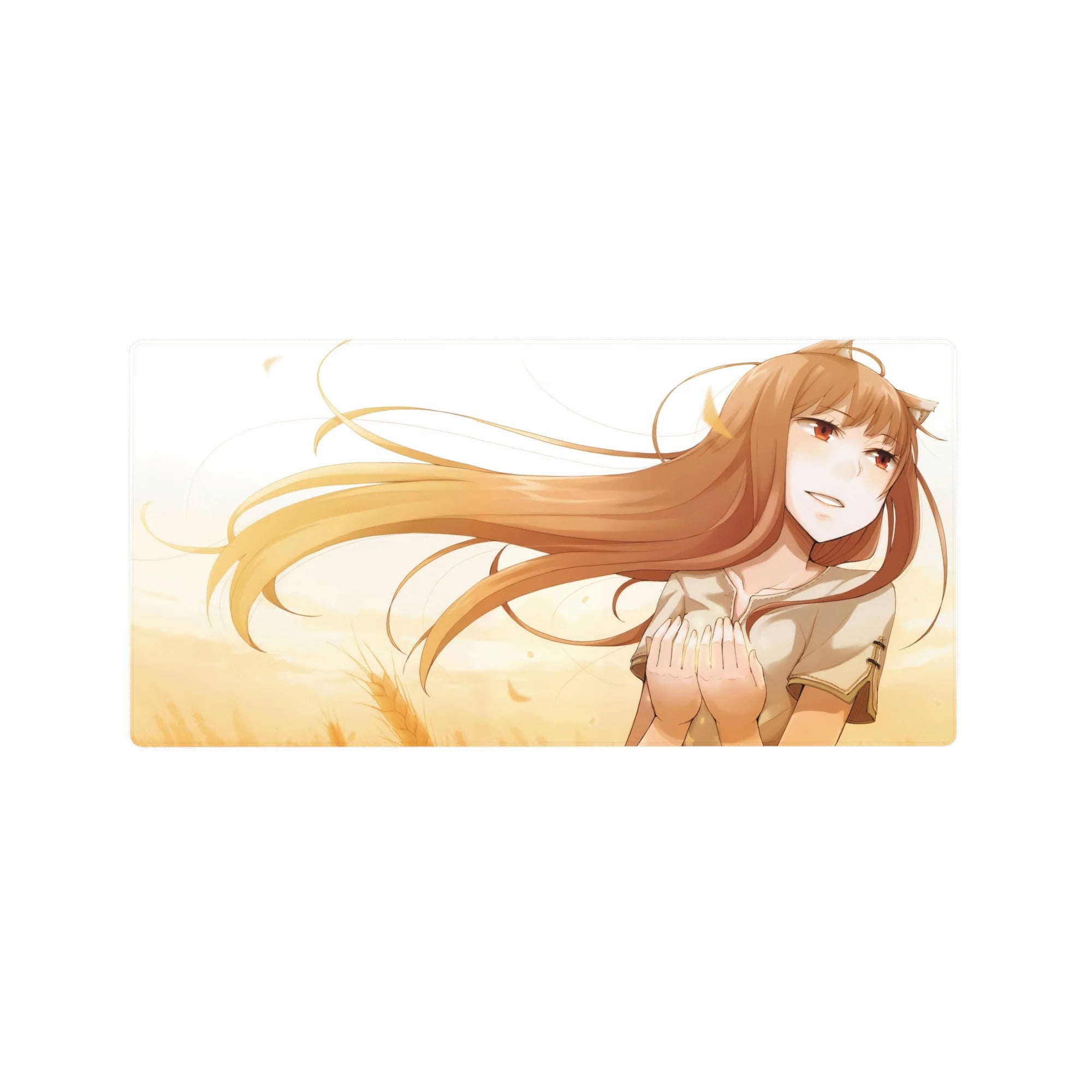 Anime girl desk mouse pad 32x16 inches, Spice and Wolf inspired art with shy wolf-eared beauty.