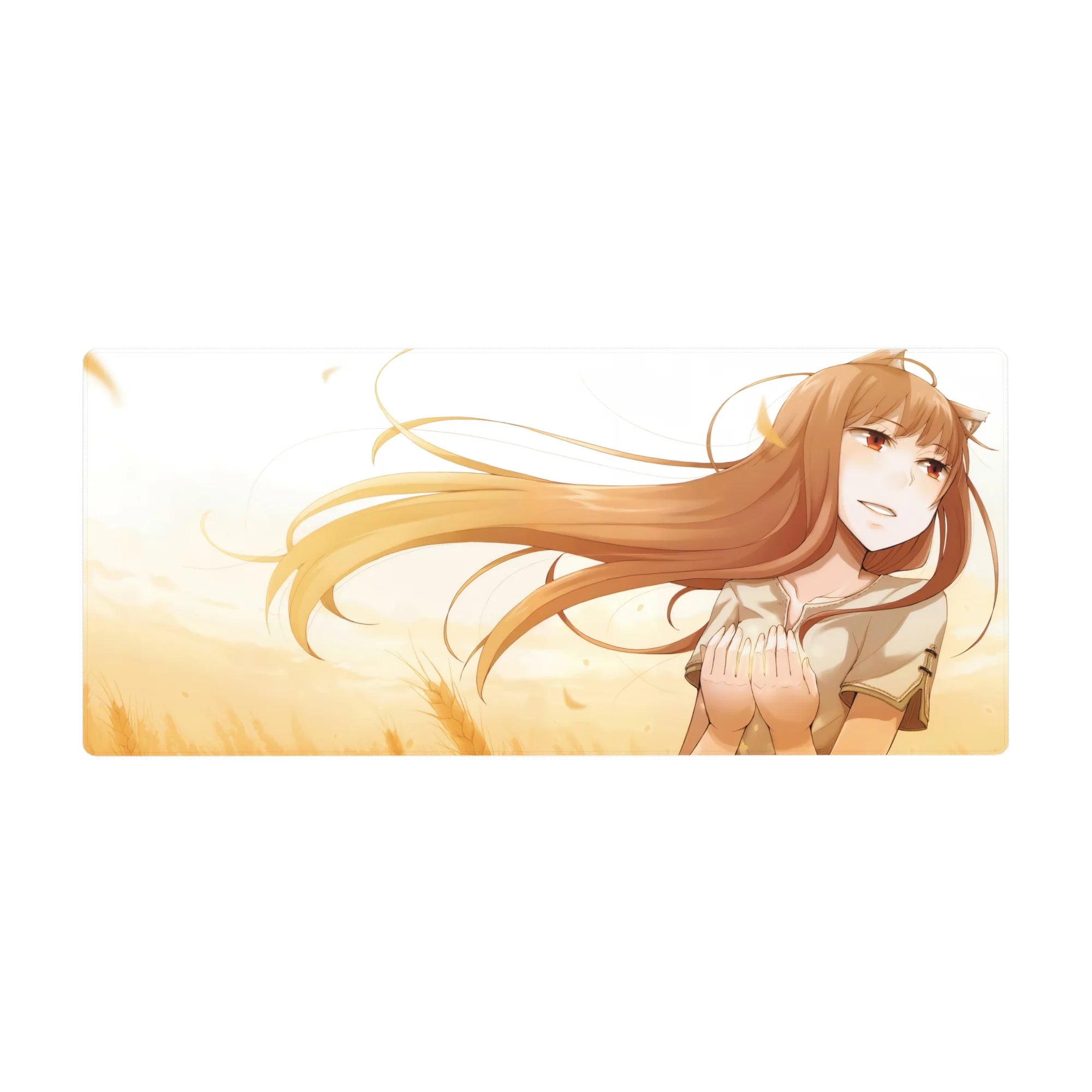 Anime girl desk pad 36x16 inches with shy wolf-eared waifu art, smooth surface for gaming and work.