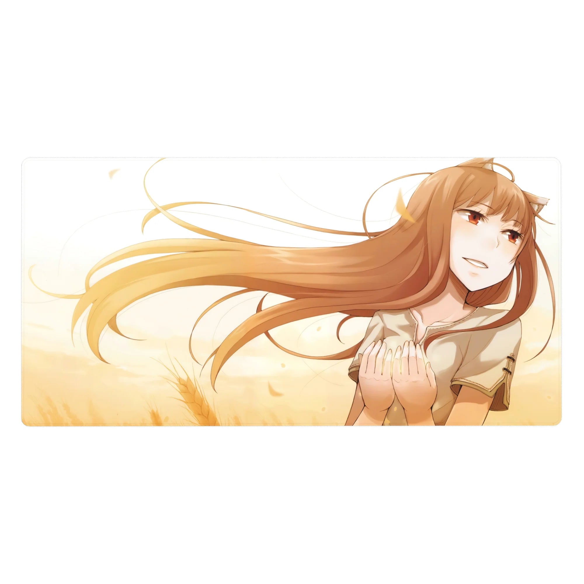 Anime girl desk pad 40x20 inches featuring shy bold wolf-eared artwork inspired by Spice and Wolf.