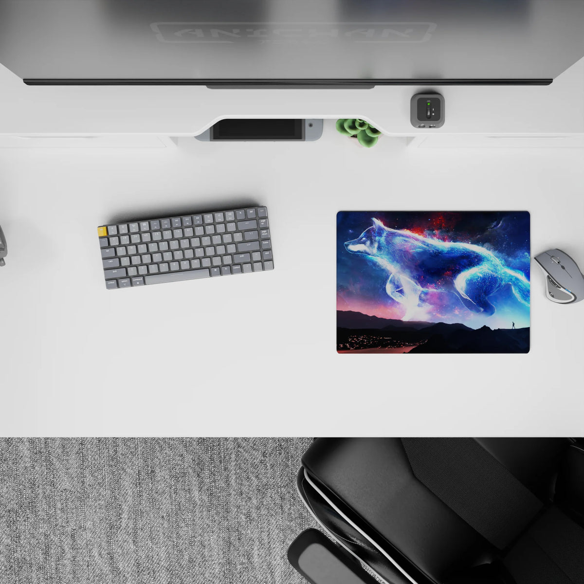 Classic 14x10 inches mouse pad in glowing blues, violet haze, and ember-red sparks for calm cosmic mood.
