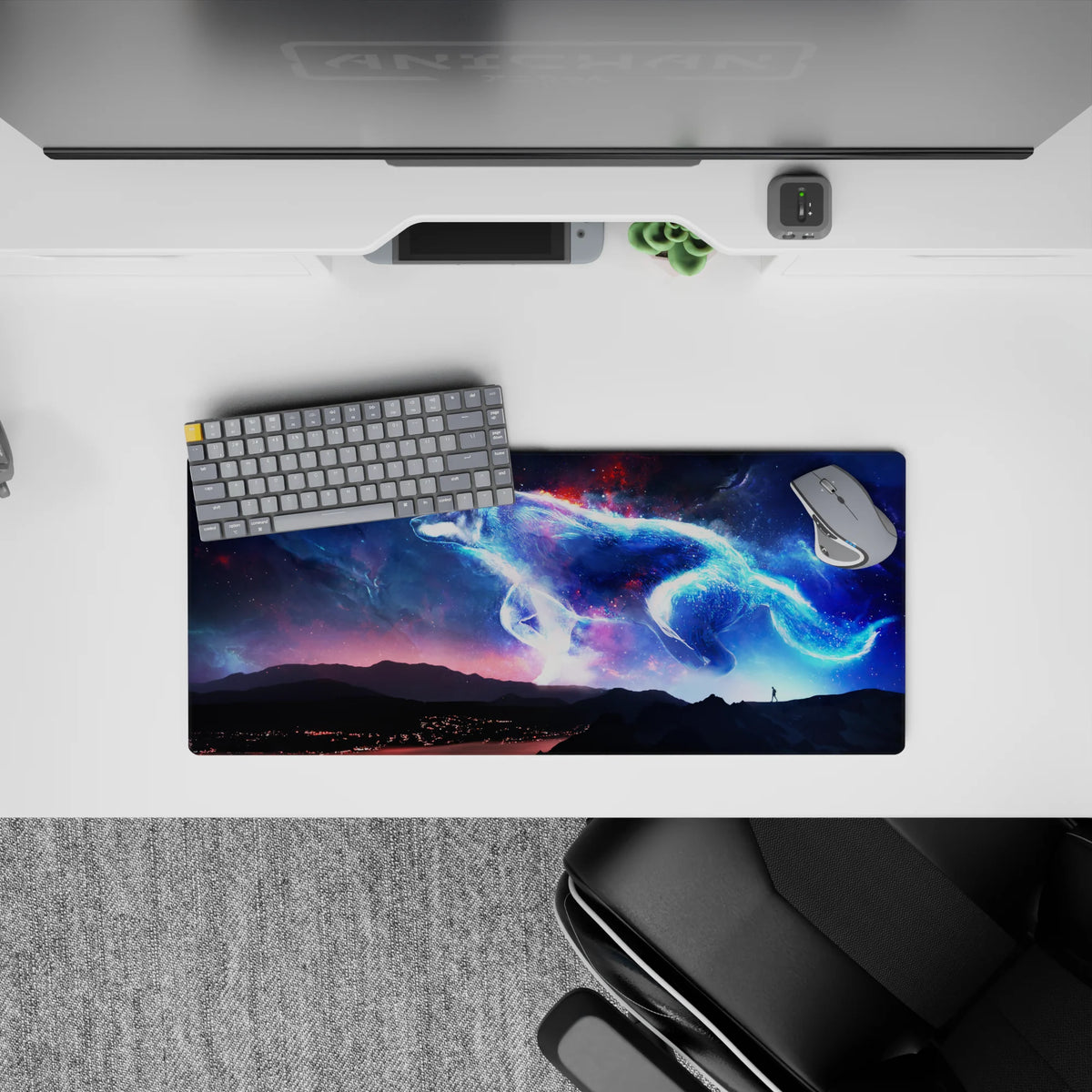 Midnight blues, violet haze, ember-red sparks cosmic vibe mouse pad, 28x12 inches.