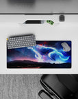 Midnight blues, violet haze, ember-red sparks cosmic vibe mouse pad, 28x12 inches.