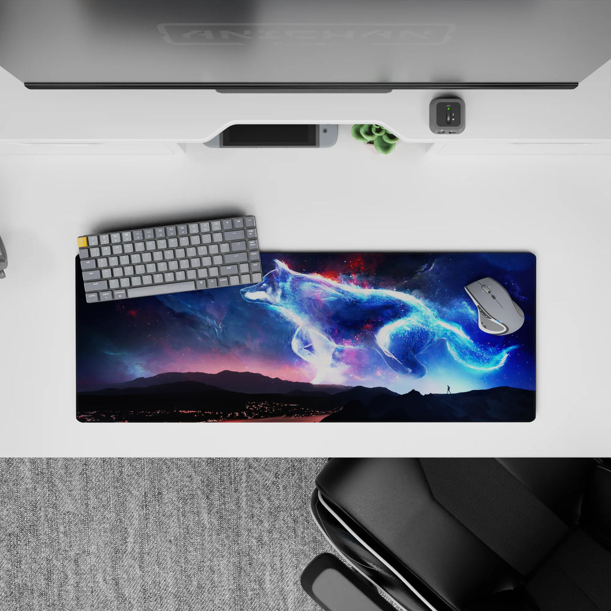 Neon blue and violet cosmic gradient mouse pad with ember-red sparks, 32x12 inches.