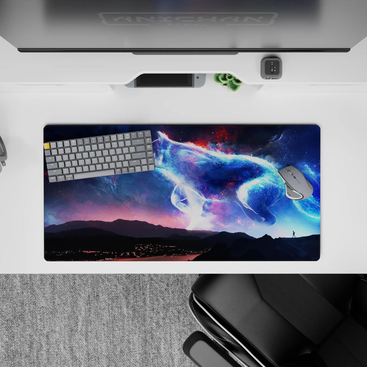 Glowing blue and violet cosmic haze with ember-red sparks desk mouse pad, 32x16 inches.