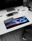 Glowing blue wolf in a starry sky with tiny traveler on ridge mouse pad, 28x12 inches.