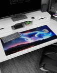 Glowing blue wolf with a tiny traveler on a ridge under starry night desk pad, 36x16 inches.