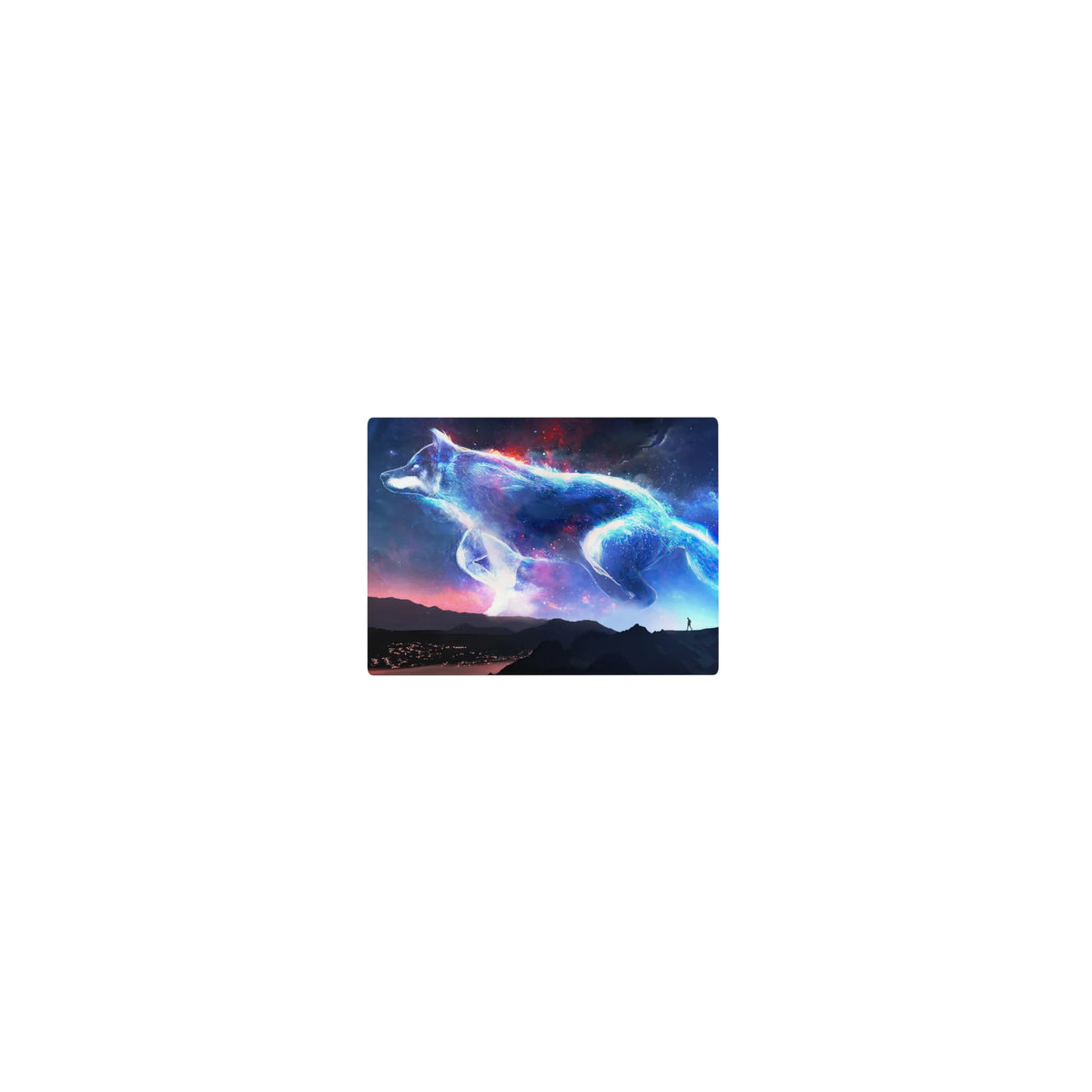 Classic 14x10 inches mouse pad with starlit glowing wolf, mountains, and a tiny traveler at night.