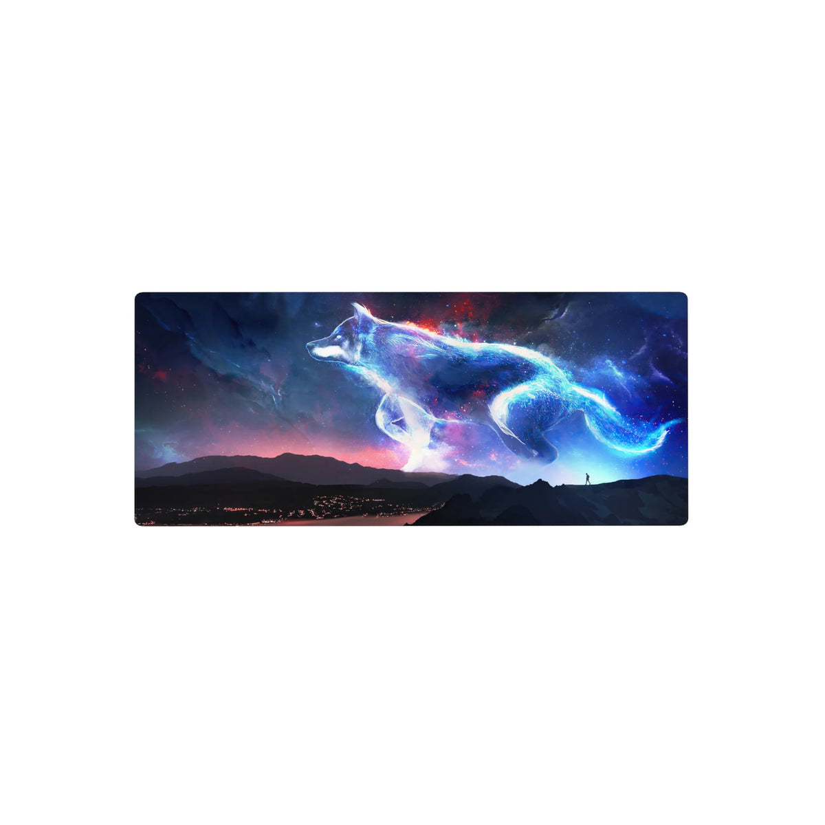 Starlit wolf drifting over mountains desk mouse pad, neon edges, 28x12 inches.