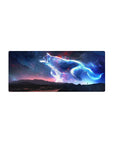Starlit wolf drifting over mountains desk mouse pad, neon edges, 28x12 inches.