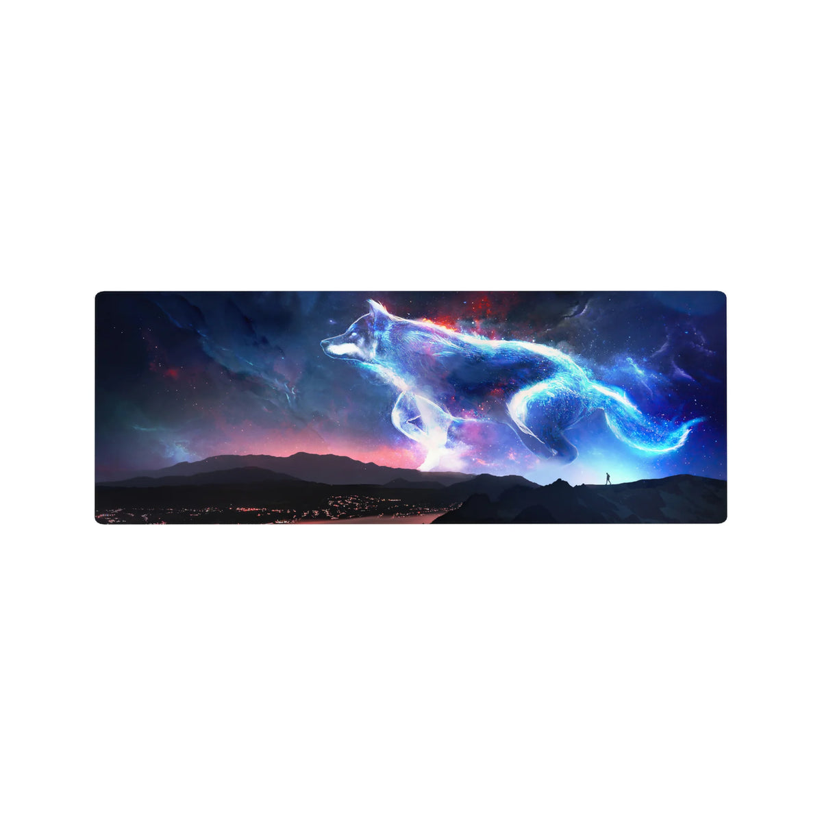Starlit wolf drifting over mountains desk mouse pad, 32x12 inches.