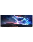 Starlit wolf drifting over mountains desk mouse pad, 32x12 inches.