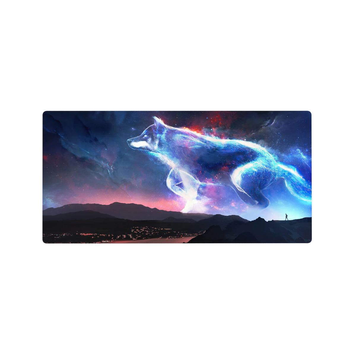 Starlit wolf drifting over a midnight mountain ridge desk mouse pad, 32x16 inches.