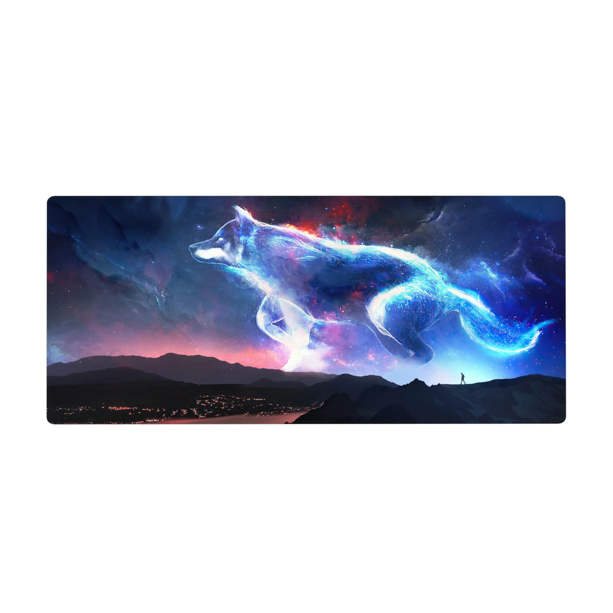 Starlit wolf drifting over a midnight mountain sky desk pad, 36x16 inches.
