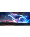 Starlit wolf drifting over a midnight mountain sky desk pad, 36x16 inches.