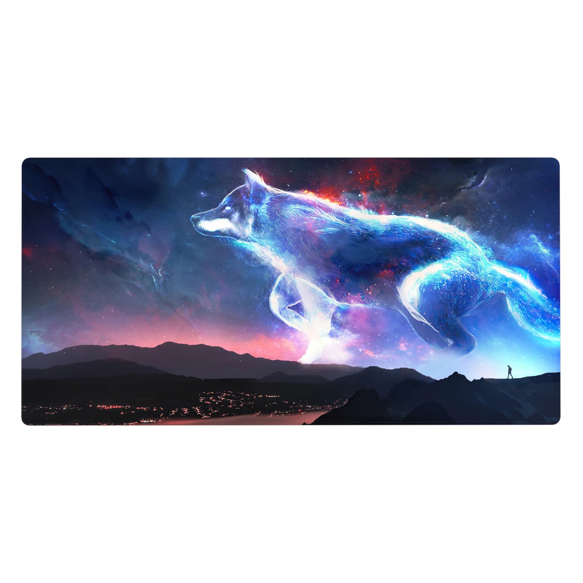 Starlit wolf drifting over midnight mountains desk pad, neon edges, 40x20 inches.