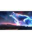 Starlit wolf drifting over midnight mountains desk pad, neon edges, 40x20 inches.