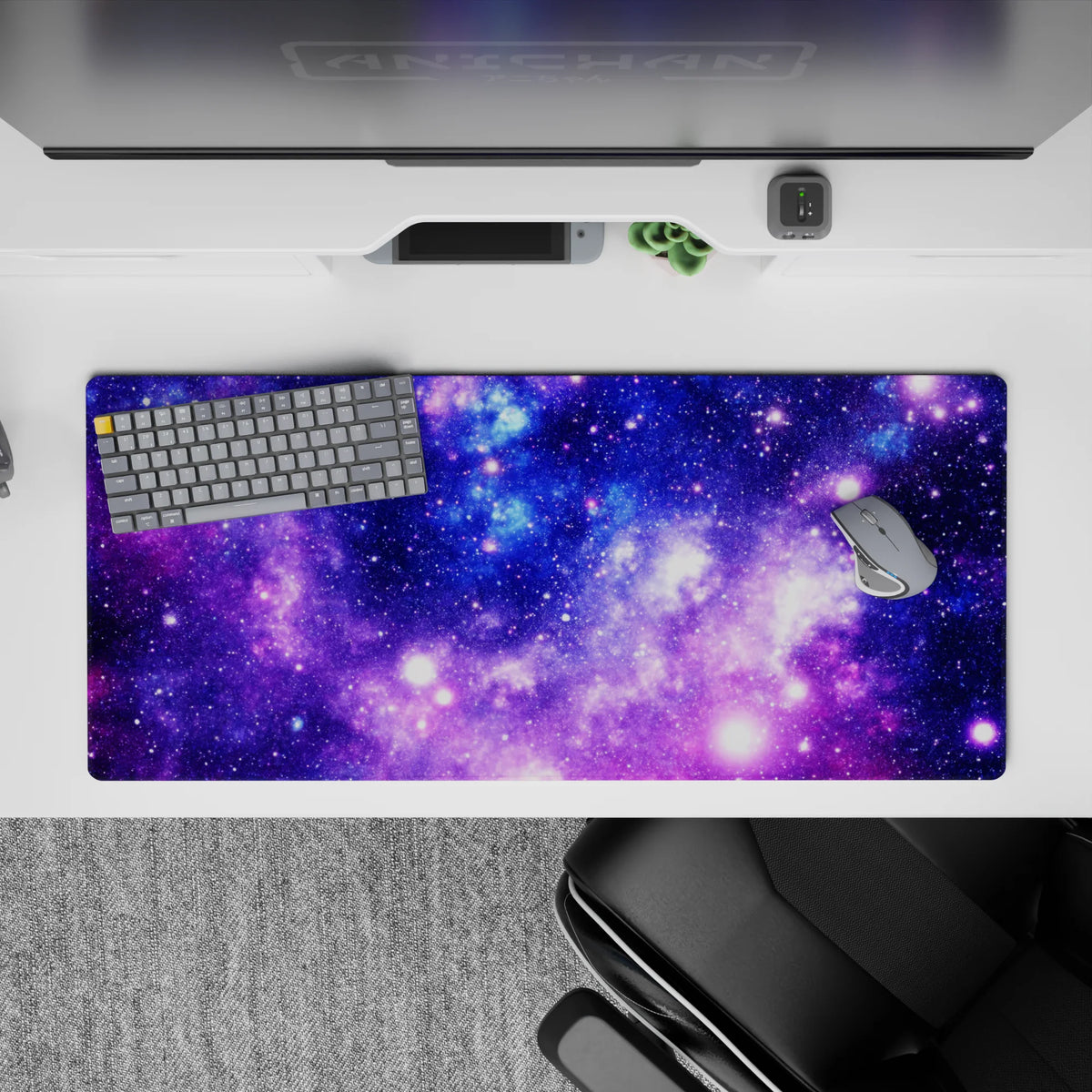 Calm night-sky desk pad 36x16 inches in violet, indigo, and icy blue with bright star pops.