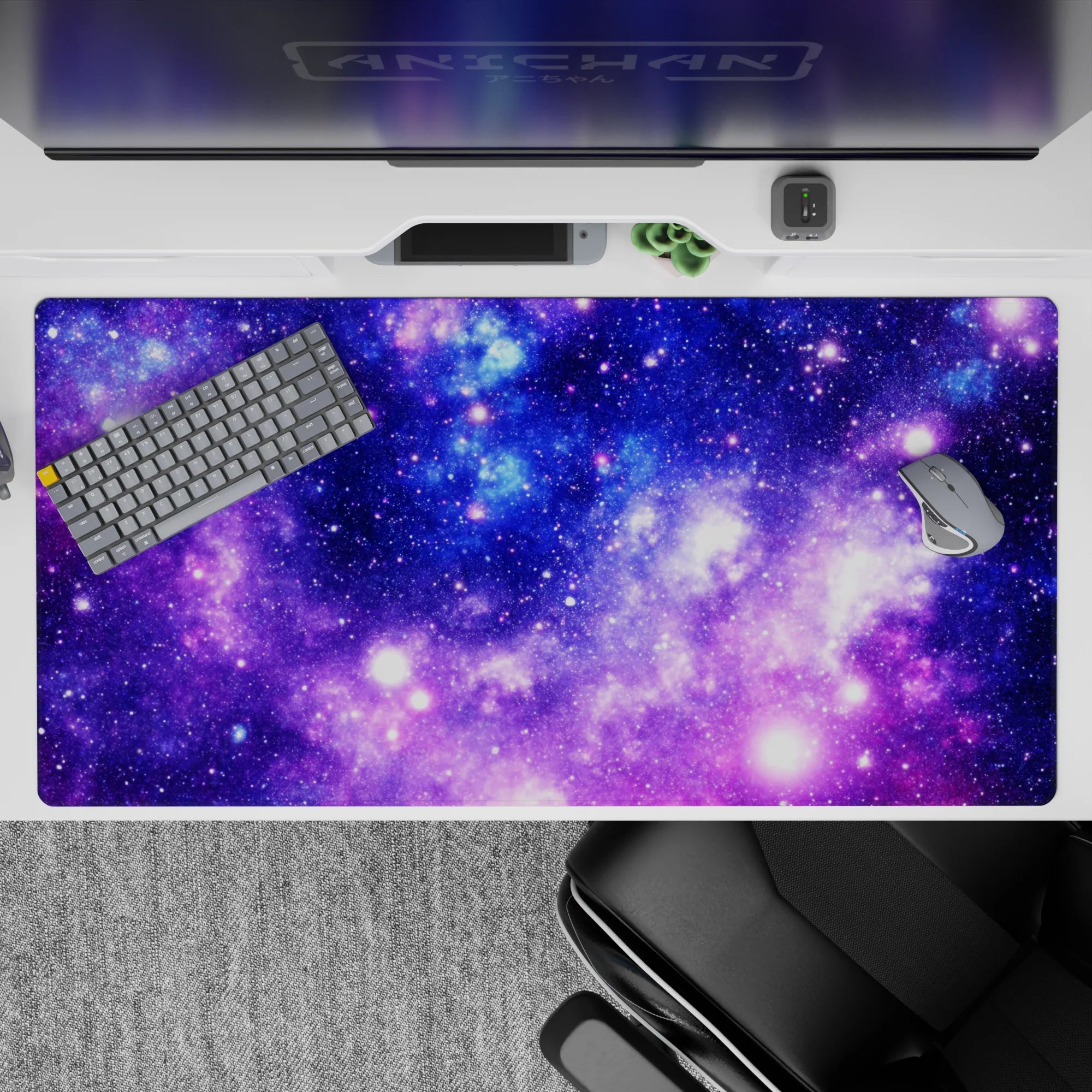 Violet, indigo, and icy blue desk pad 40x20 inches with calm dreamy night-sky mood.