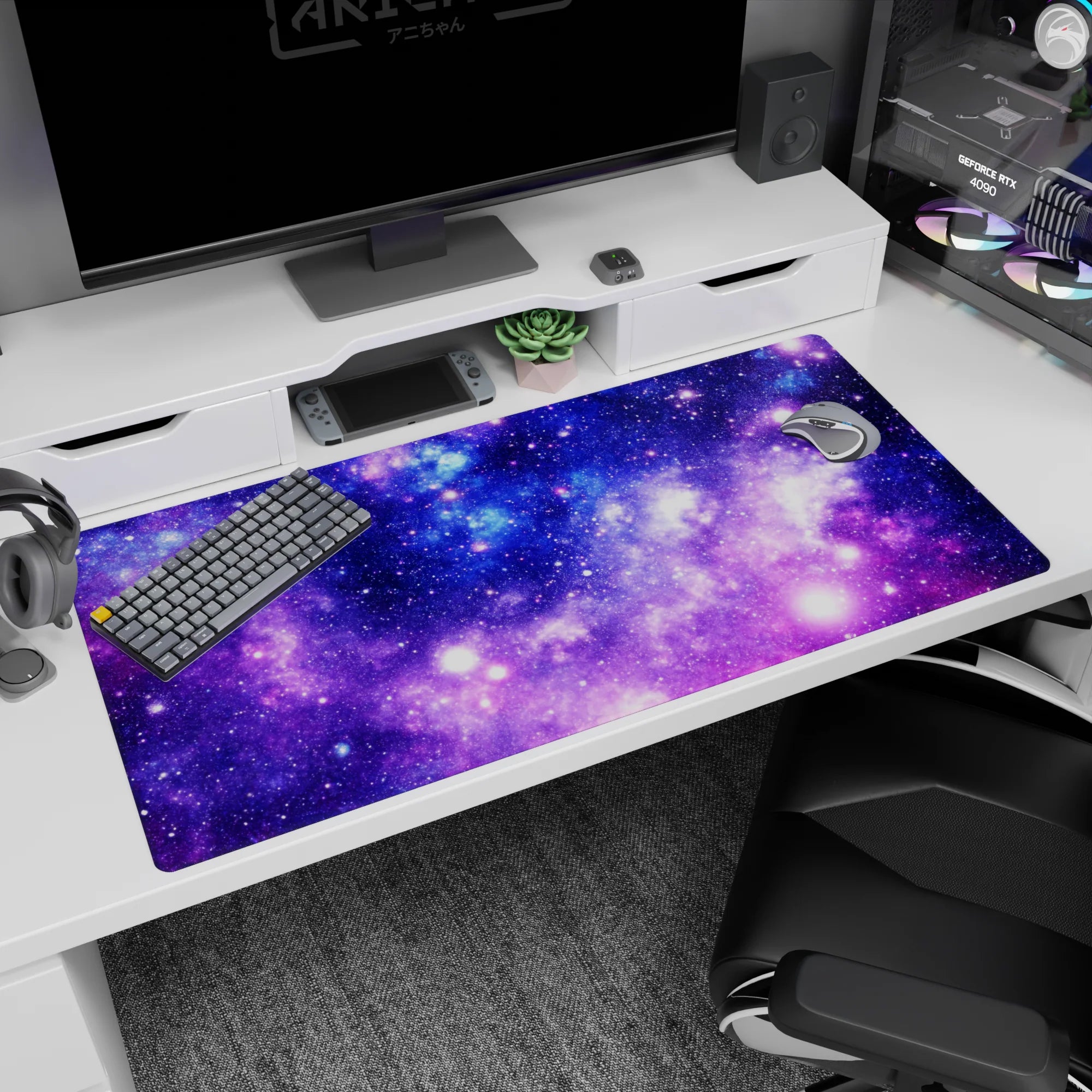 Starry night sky cloud scene desk pad 40x20 inches with bright star pops and nebula swirls.