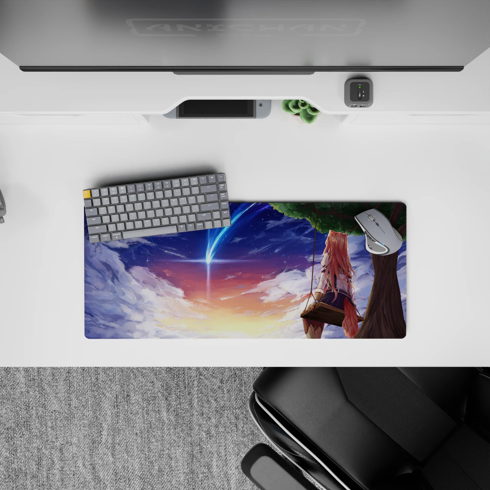 28x12 inches desk mouse pad in peach-violet sunset tones, cozy wistful anime sky with blue comet.