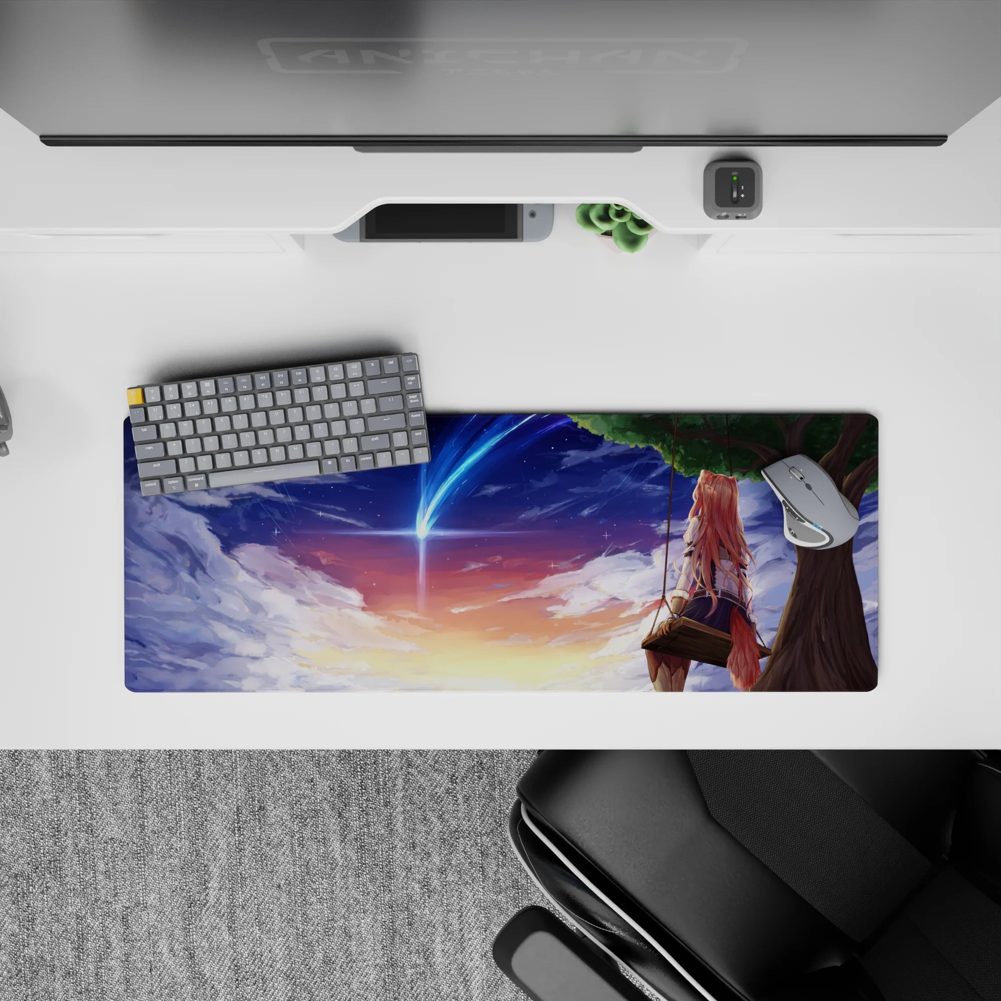 32x12 inches desk mouse pad in peach-violet sunset tones with starry clouds and cozy evening vibe.