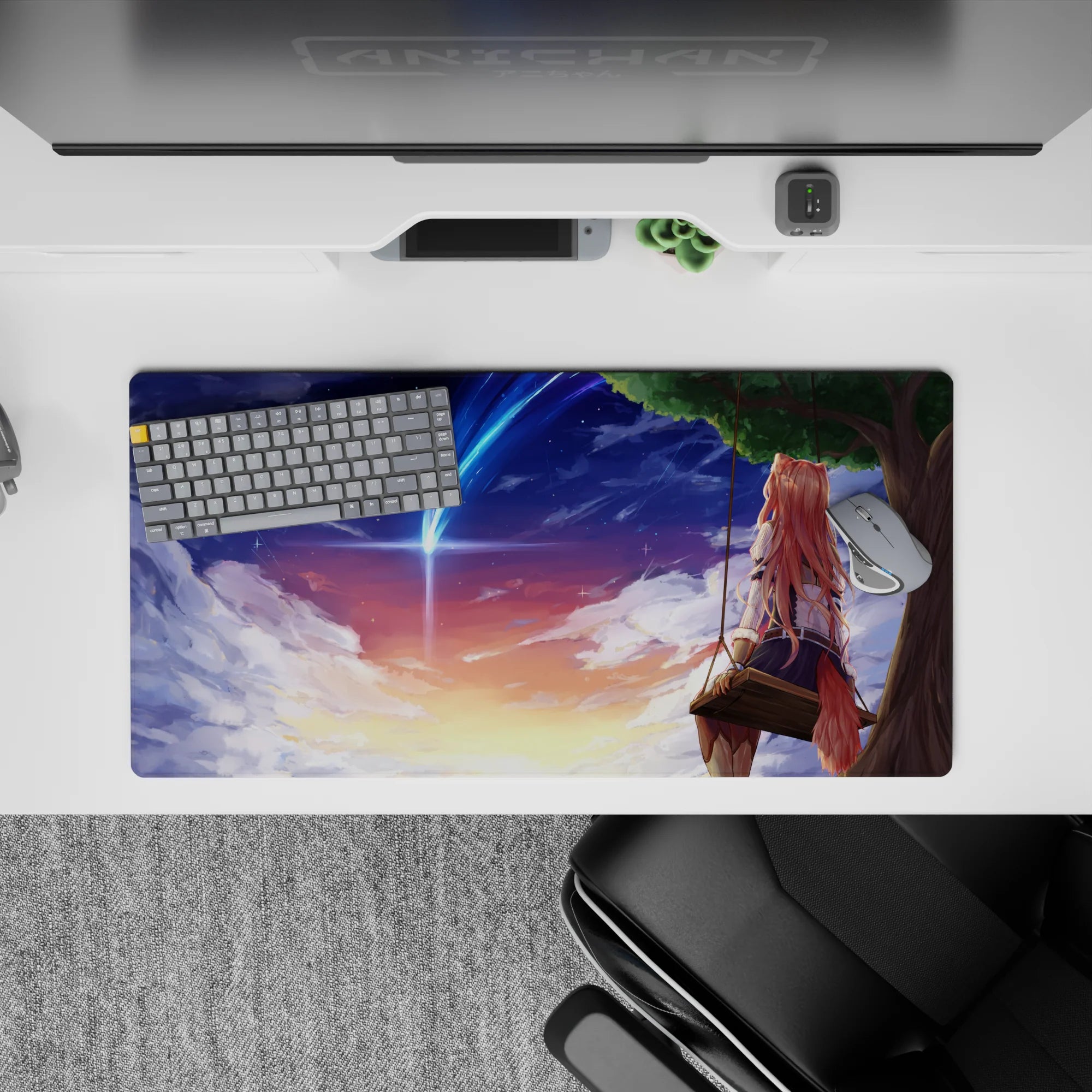 32x16 inches pastel peach-violet sunset mouse pad, cozy wistful anime vibe with stars and blue comet.