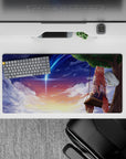 32x16 inches pastel peach-violet sunset mouse pad, cozy wistful anime vibe with stars and blue comet.