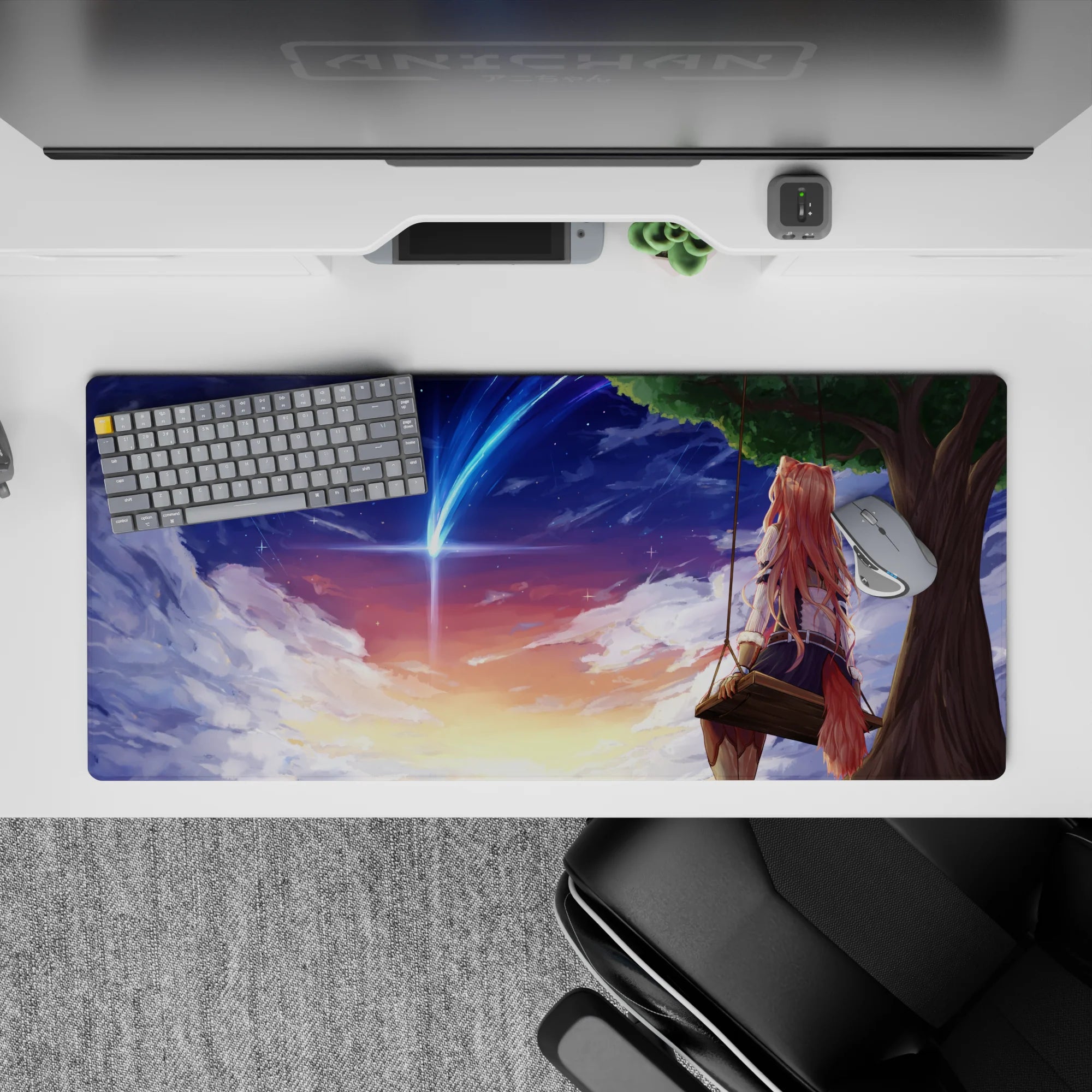 36x16 inches desk pad in peach-violet sunset tones with starry clouds and a blue comet, cozy mood.