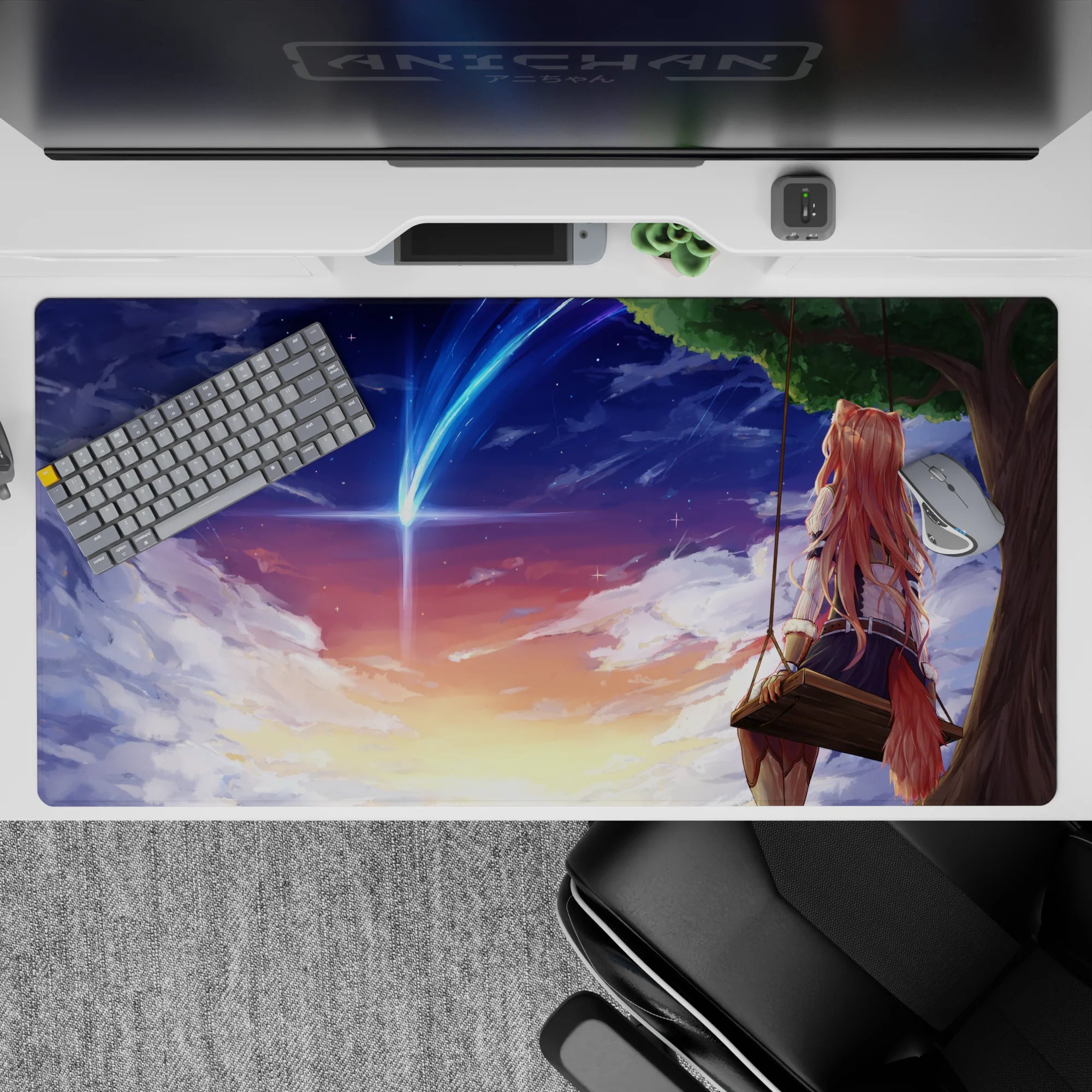 40x20 inches desk pad in peach-violet sunset tones, cozy starry clouds and a blue comet streak.