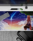 40x20 inches desk pad in peach-violet sunset tones, cozy starry clouds and a blue comet streak.