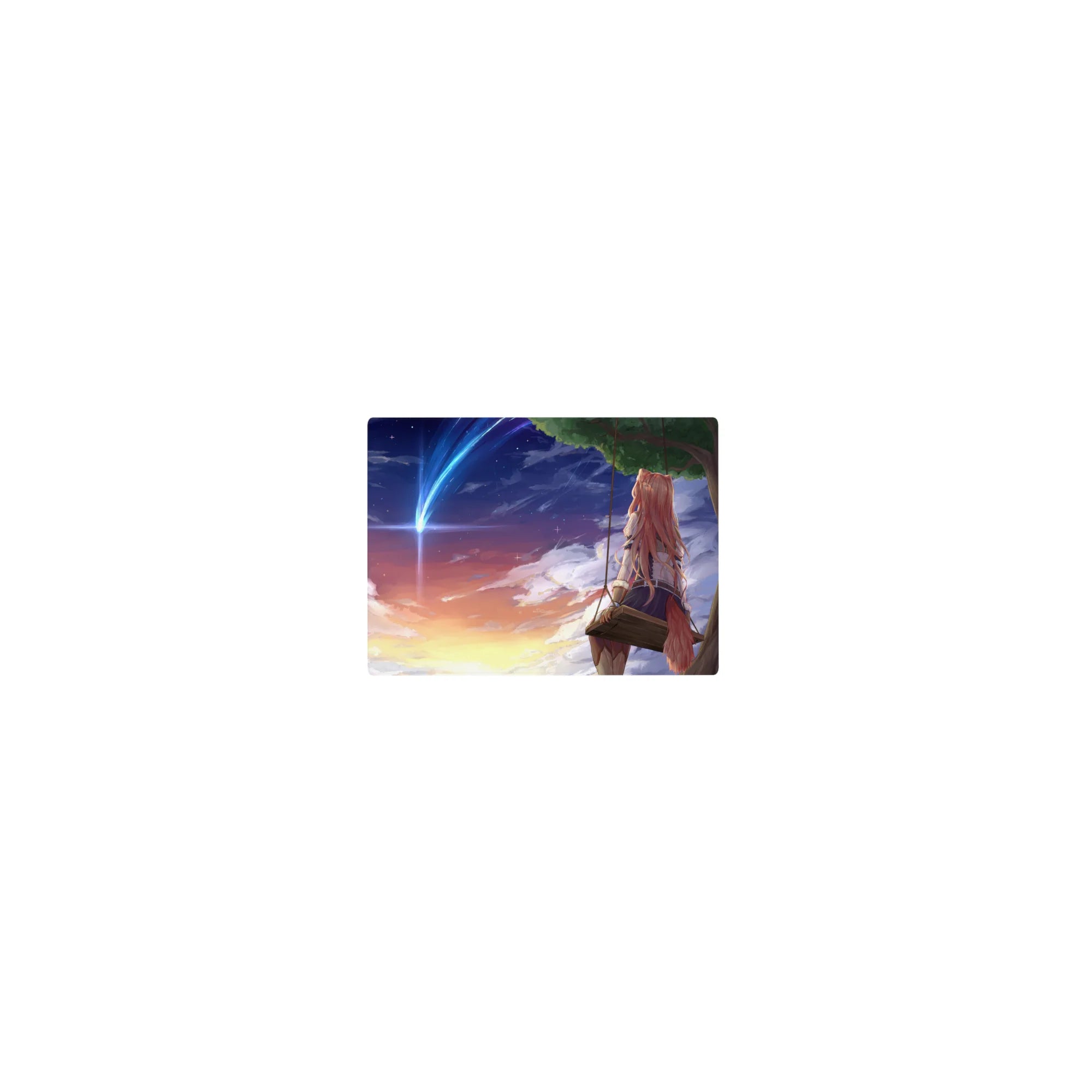 Classic anime girl mouse pad 14x10 inches with fox-eared girl on a swing under a comet sunset sky.