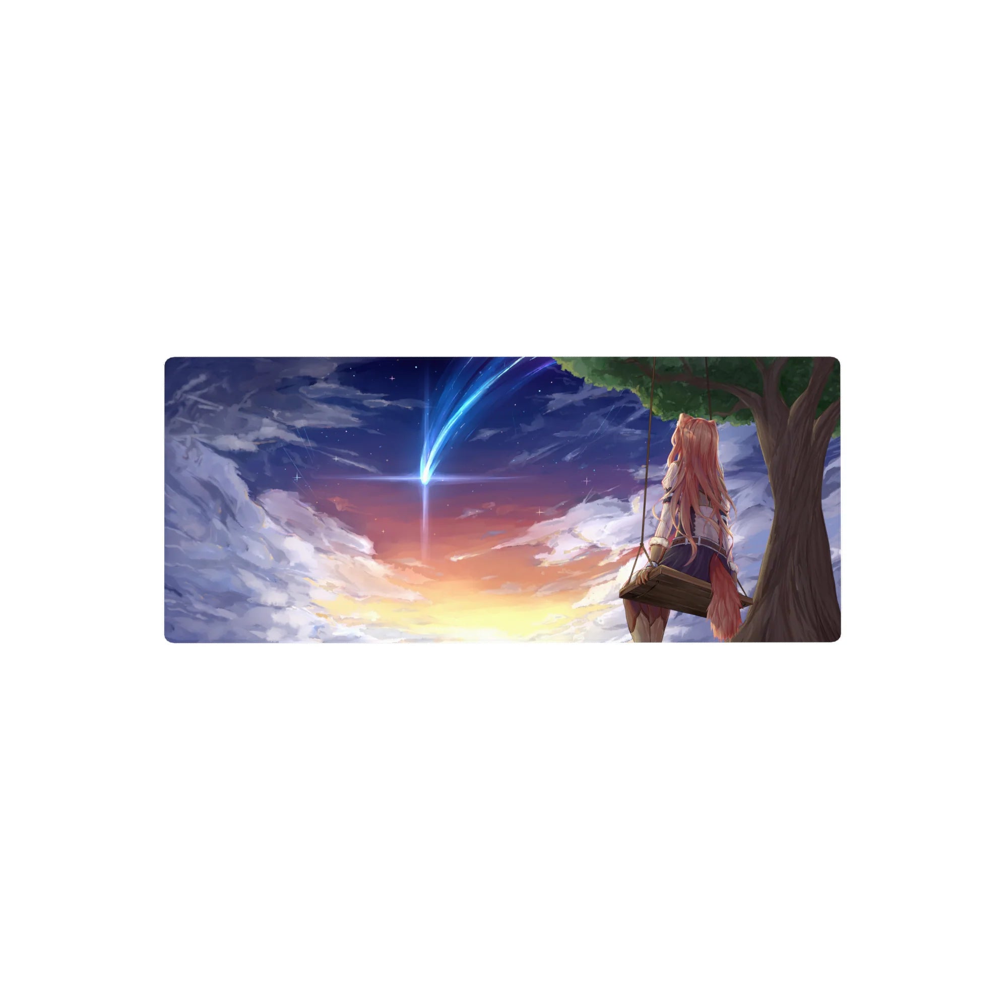 28x12 inches anime girl mouse pad with fox-eared pink-haired girl on swing under comet sunset sky.