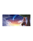 28x12 inches anime girl mouse pad with fox-eared pink-haired girl on swing under comet sunset sky.