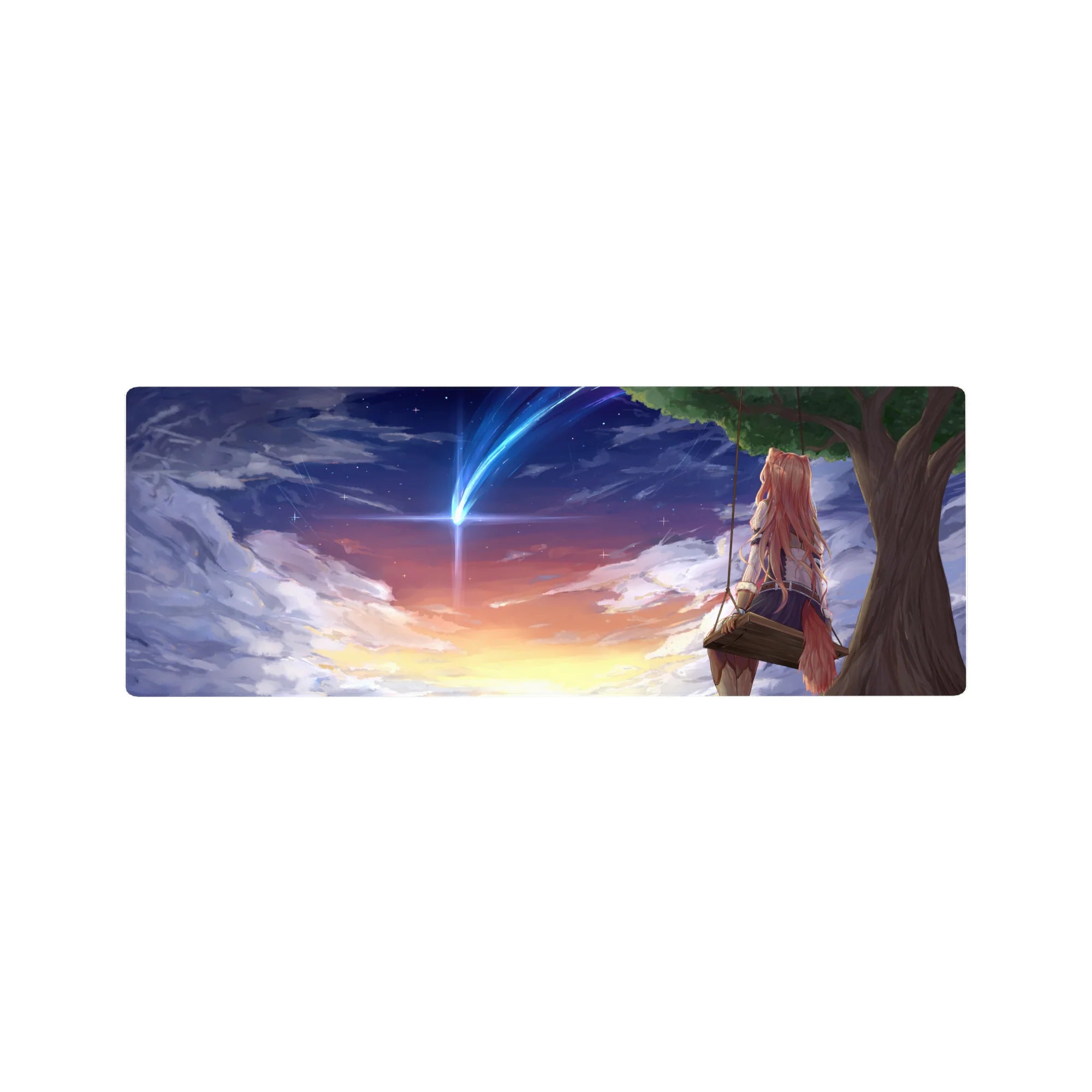 32x12 inches anime girl mouse pad with fox-eared girl on swing under a comet at sunset sky.