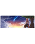 32x12 inches anime girl mouse pad with fox-eared girl on swing under a comet at sunset sky.