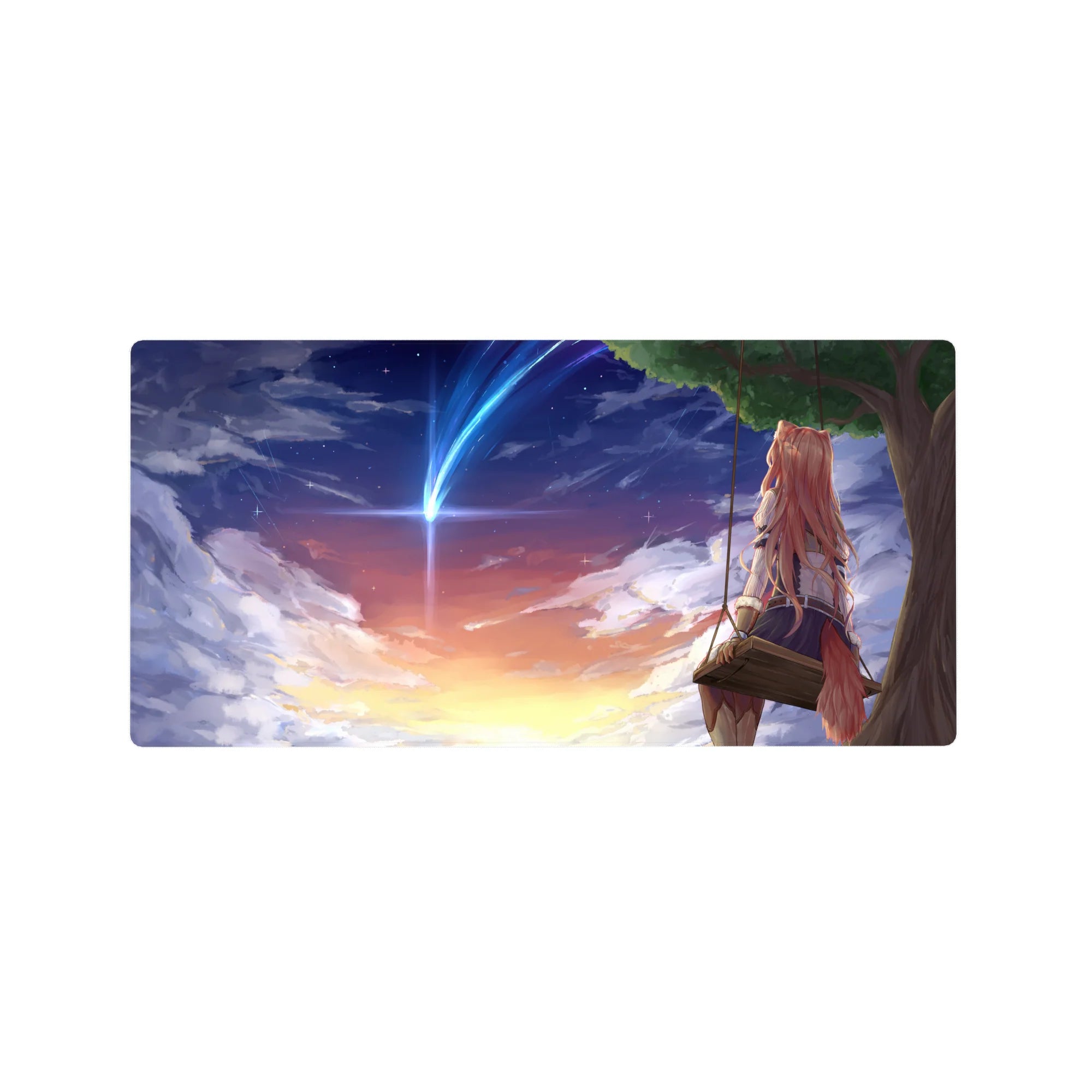 32x16 inches anime girl mouse pad with fox-eared girl on swing under comet and sunset clouds.