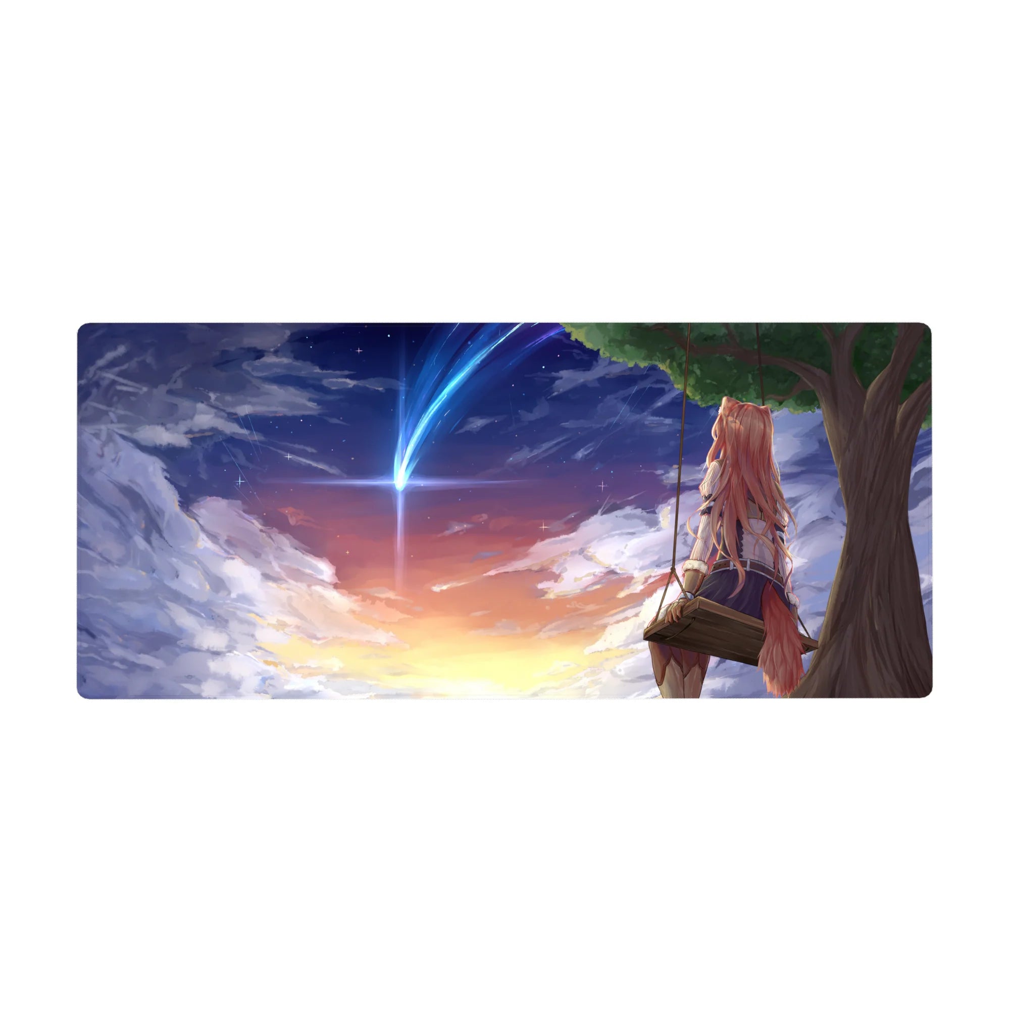 36x16 inches anime girl desk pad with fox-eared girl on swing, sunset sky and comet clouds.