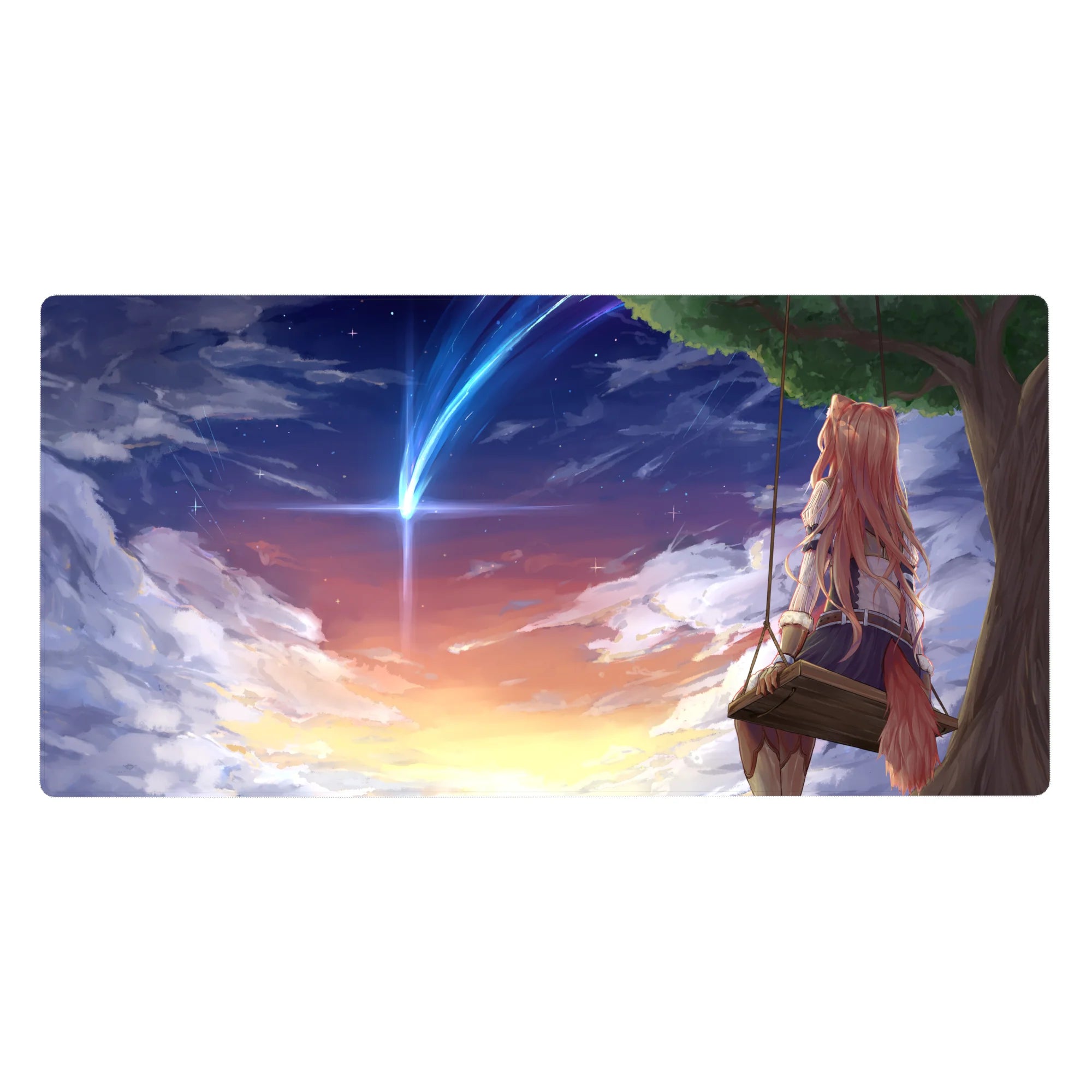 40x20 inches anime girl desk pad with fox-eared pink-haired girl on swing under comet sunset sky.