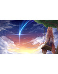 40x20 inches anime girl desk pad with fox-eared pink-haired girl on swing under comet sunset sky.