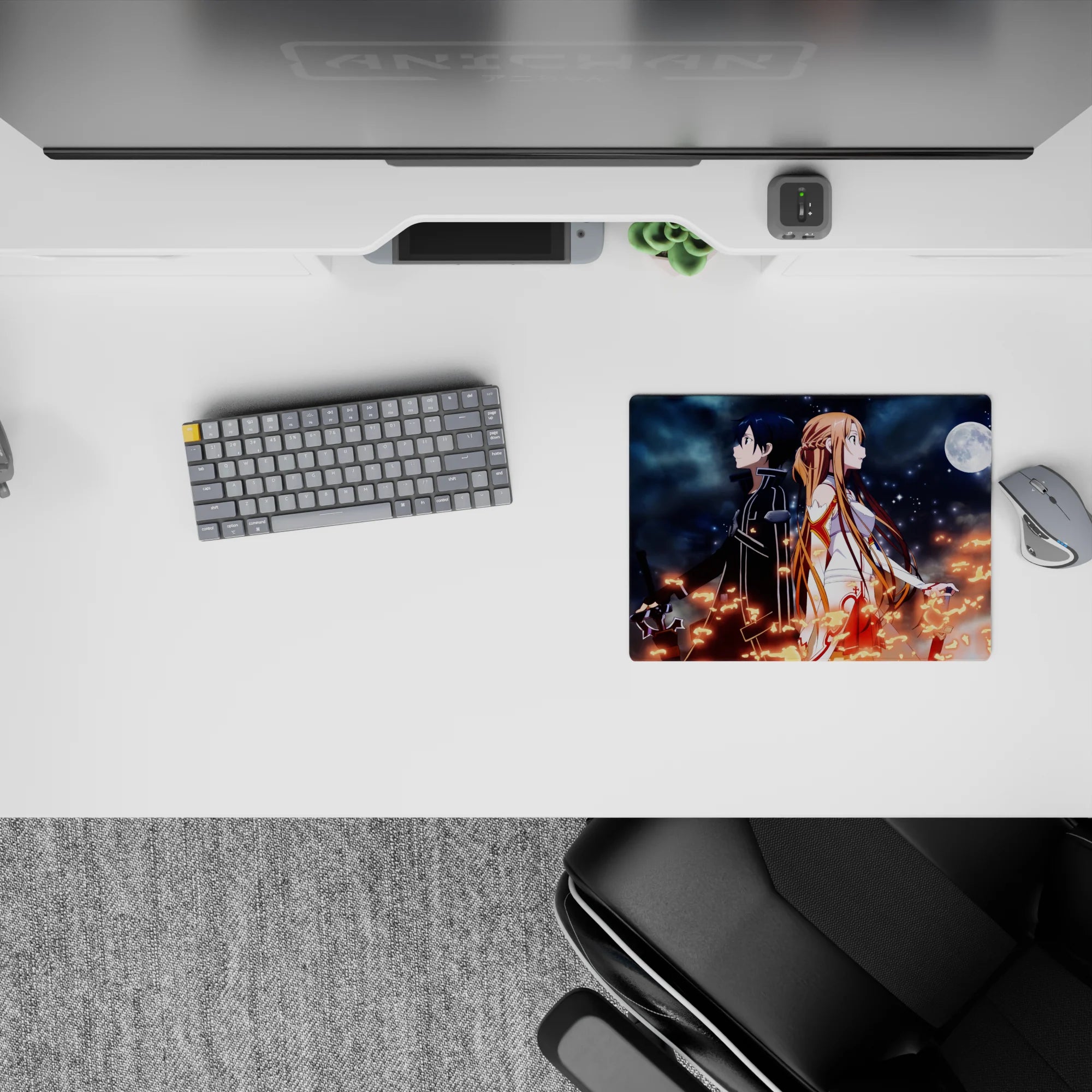 Anime mouse pad 14x10 inches featuring Kirito and Asuna from Sword Art Online with a night sky and fiery sparks.